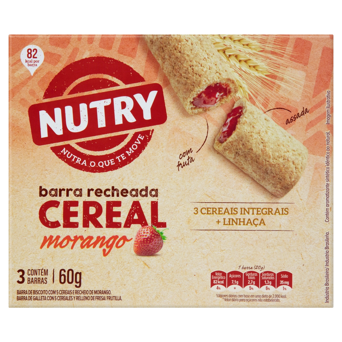 Pack Barra De Biscoito Recheio Morango Nutry Caixa 60g 3 Unidades
