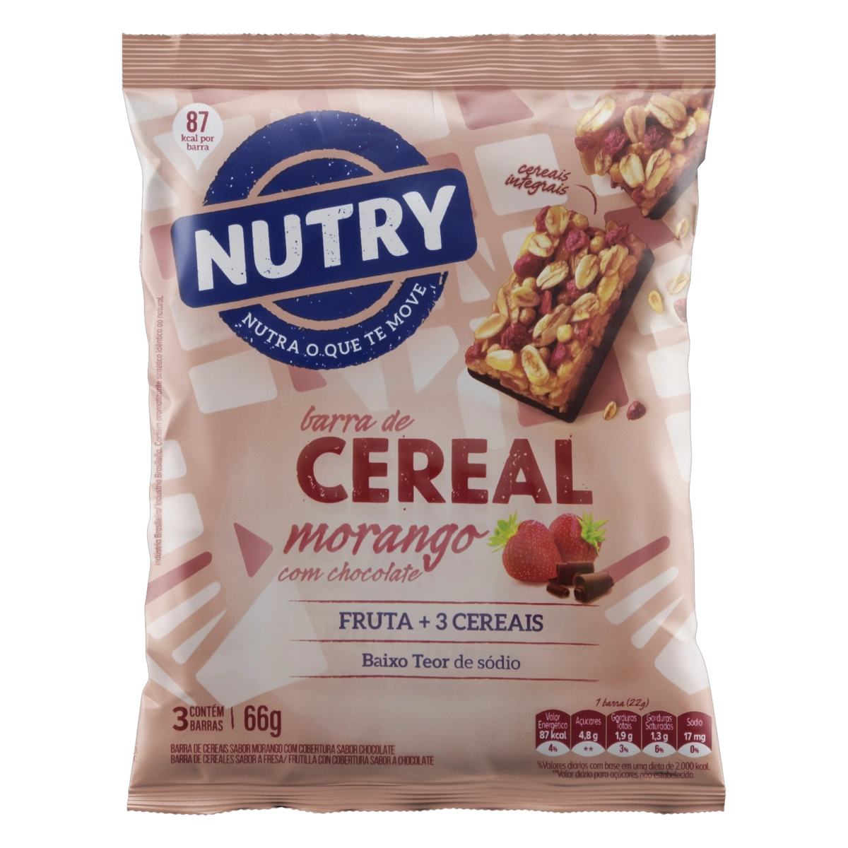 Pack Barra De Cereal Morango Cobertura Chocolate Nutry Pacote 66g 3 Unidades