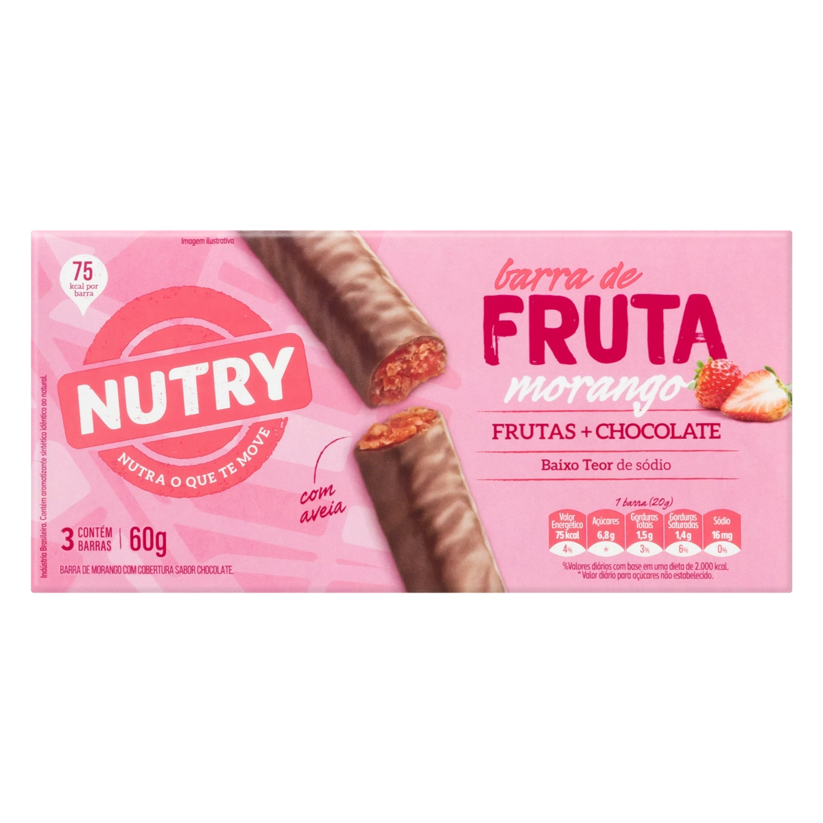 Pack Barra De Frutas Morango Cobertura Chocolate Nutry Caixa 60g 3 Unidades