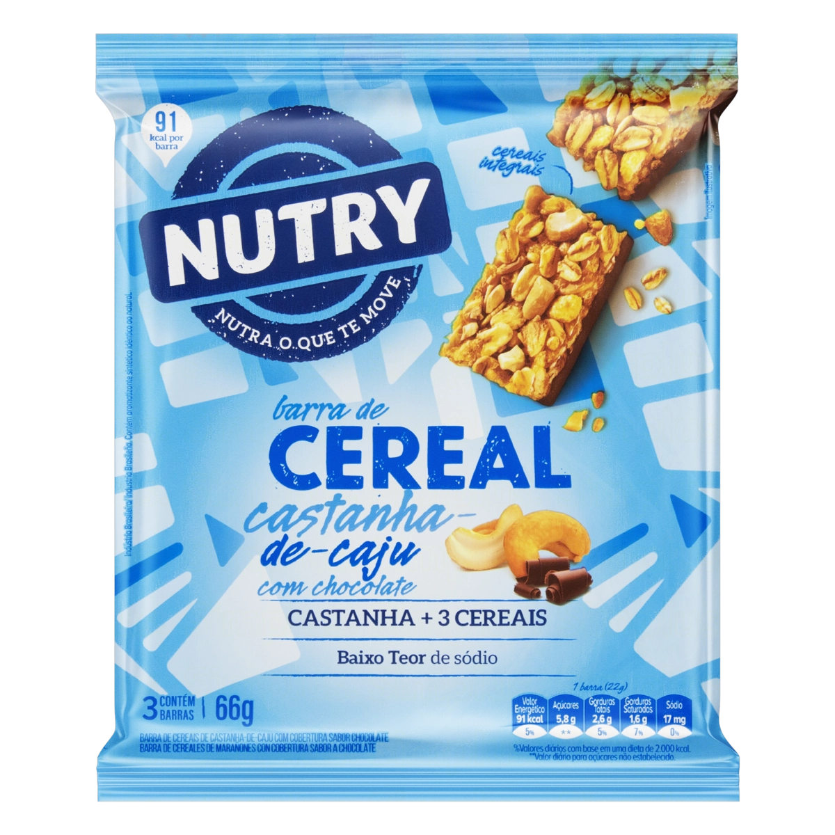 Pack Barra De Cereal Castanha De Caju Cobertura Chocolate Nutry Pacote 66g 3 Unidades