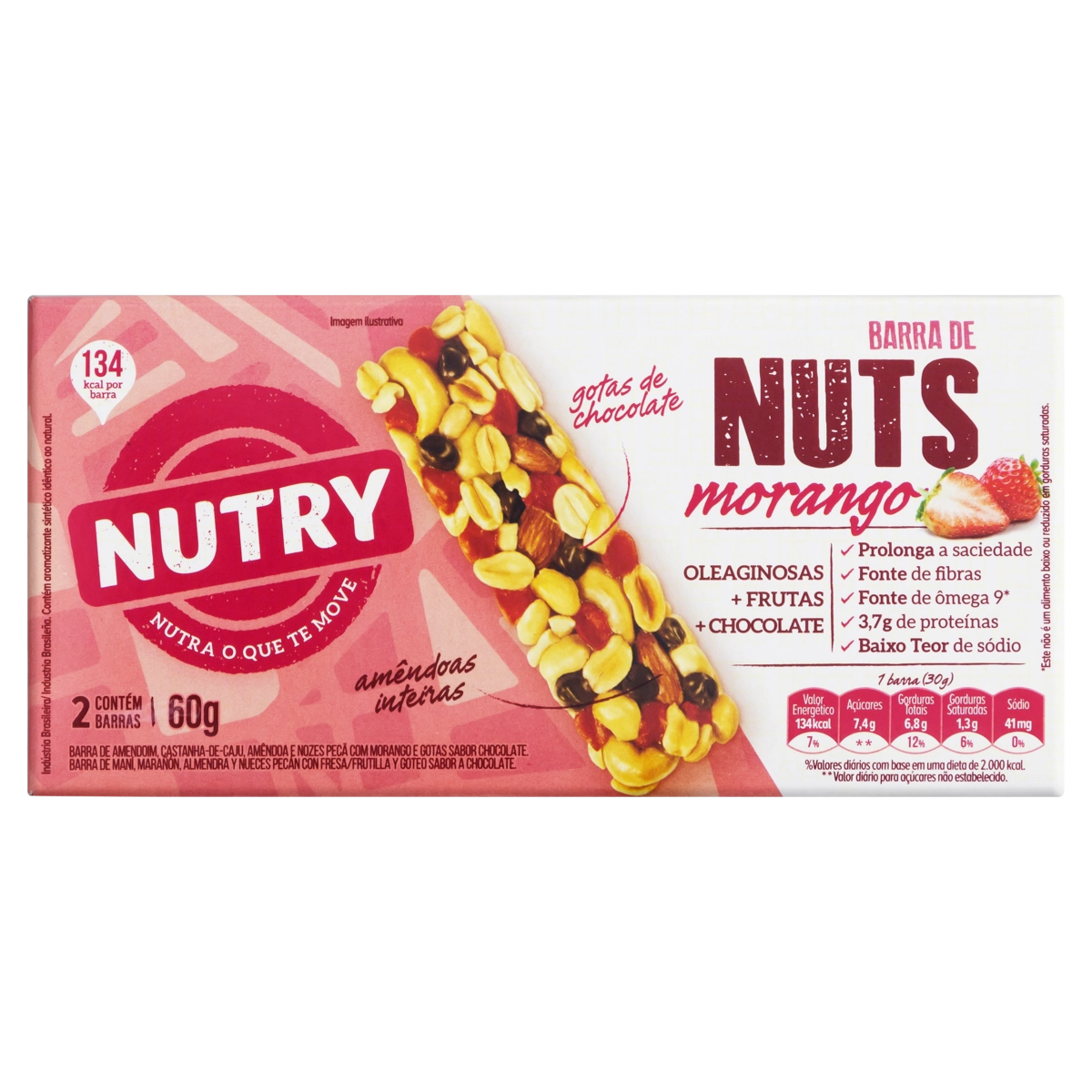 Pack Barra De Nuts Morango Nutry Caixa 60g 2 Unidades
