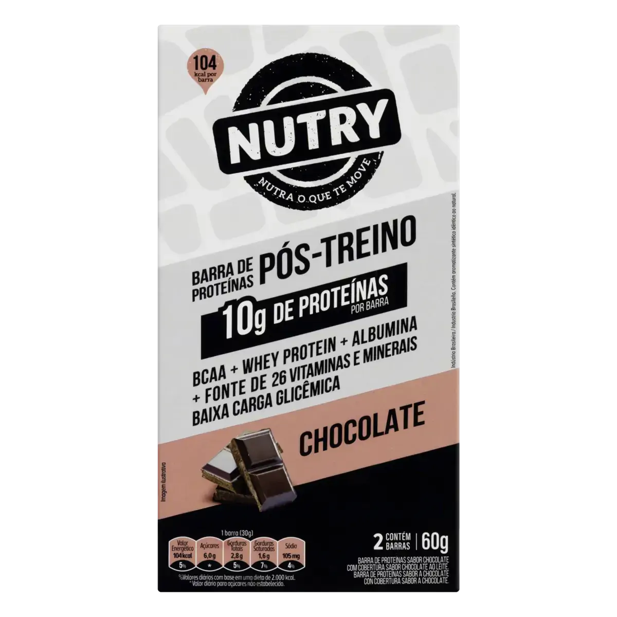 Pack Barra De Proteína Chocolate Cobertura Chocolate Ao Leite Nutry Pós Treino Caixa 60g 2 Unidades