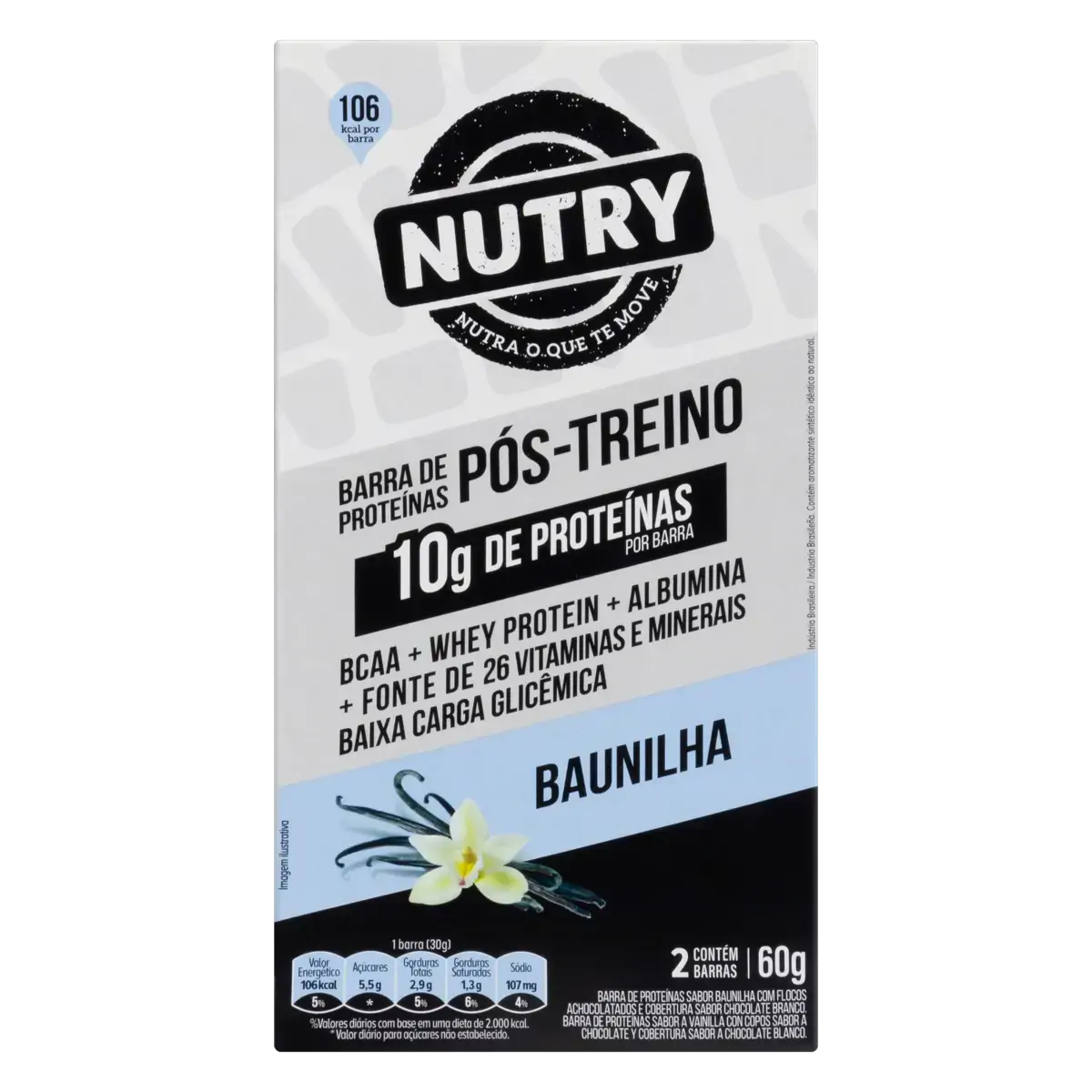 Pack Barra De Proteína Baunilha Cobertura Chocolate Branco Nutry Pós Treino Caixa 60g 2 Unidades