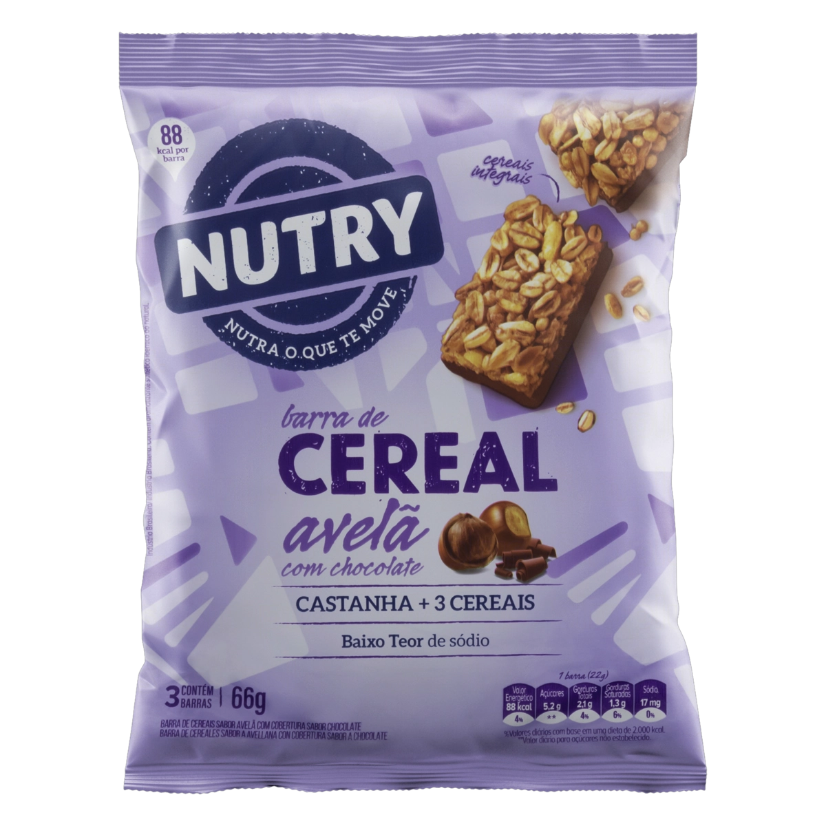 Pack Barra De Cereal Avelã Cobertura Chocolate Nutry Pacote 66g 3 Unidades