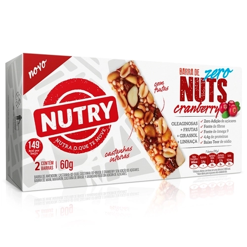 Pack Barra De Nuts Cranberry Nutry Zero Caixa 60g 2 Unidades