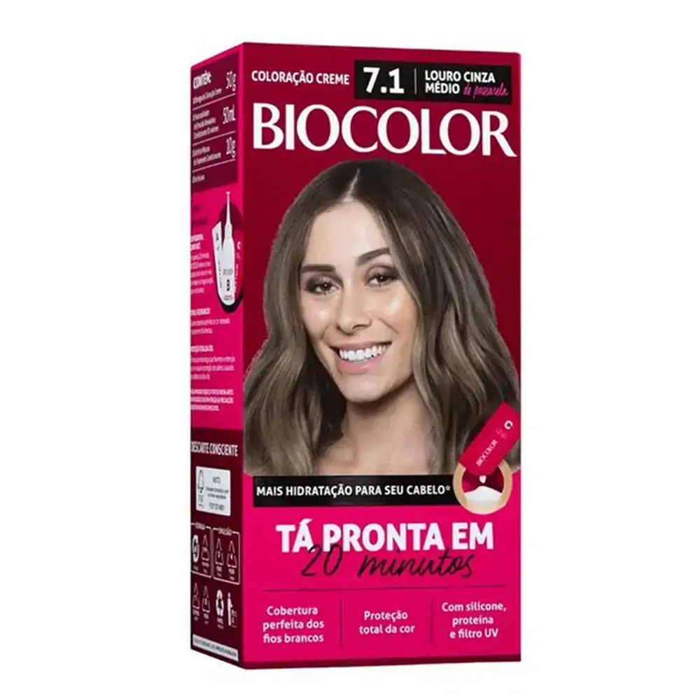 Kit Coloração Creme 7.1 Louro Cinza Médio De Passarela Biocolor Tá Pronta Em 20 Minutos