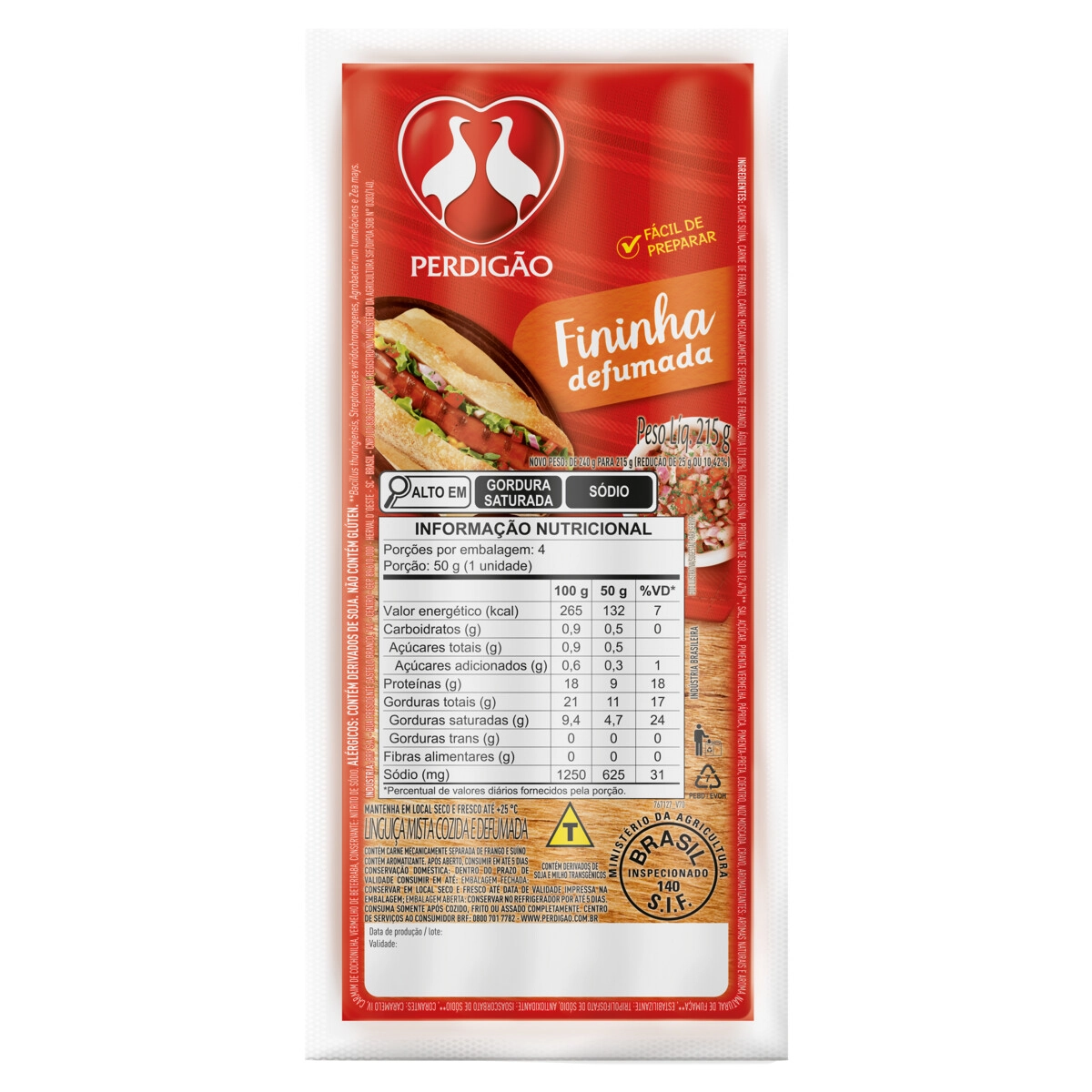 Linguiça Mista Cozida E Defumada Fininha Perdigão 215g