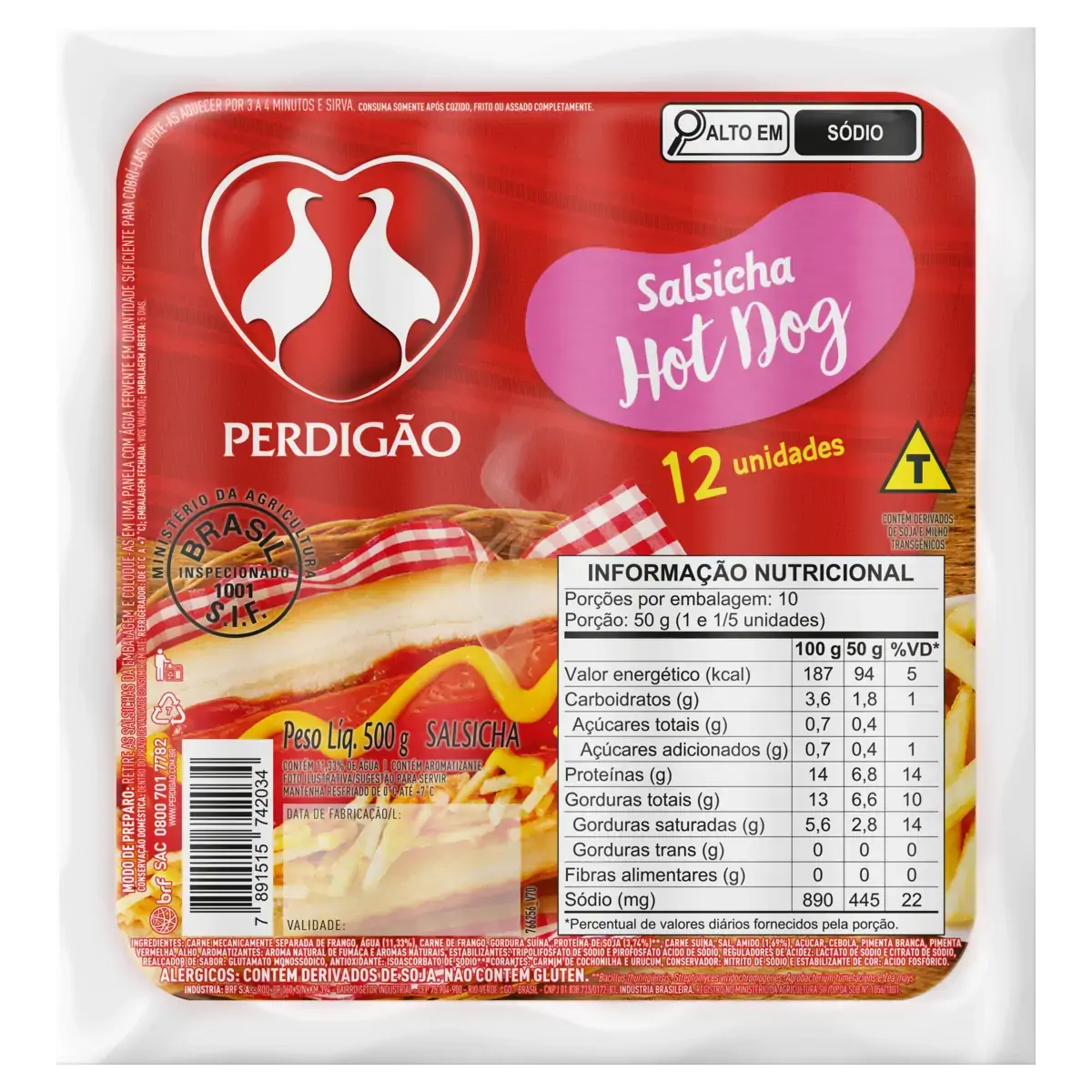 Salsicha Hot Dog Perdigão 500g 12 Unidades