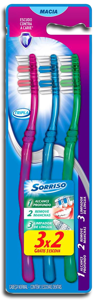 Escova Dental Macia Tripla 123 Sorriso Cabeça Normal 3 Unidades