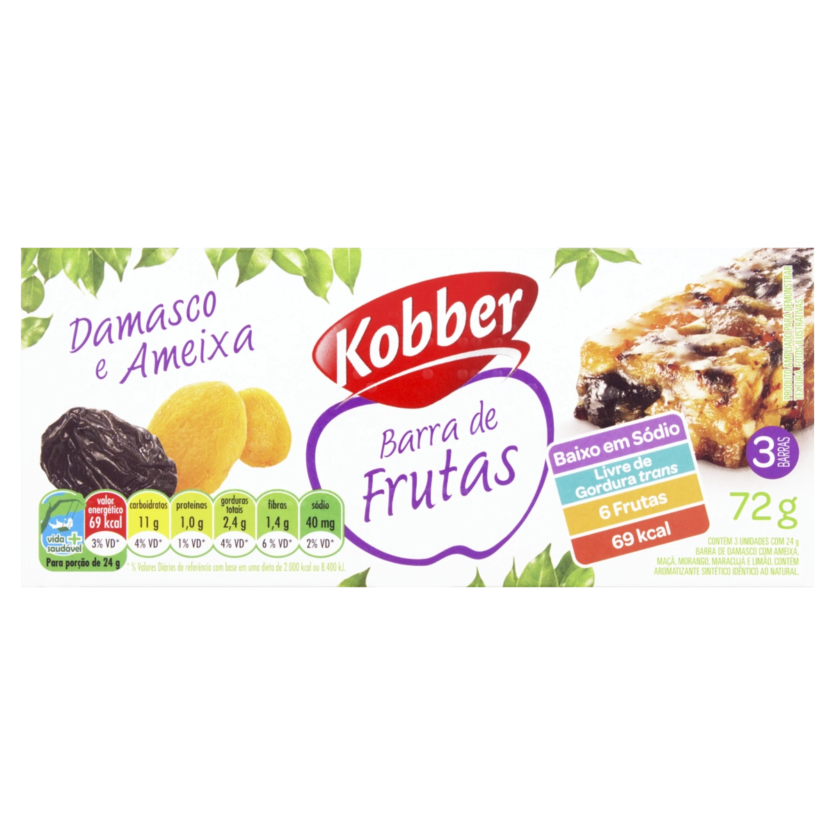 Pack Barra De Frutas Damasco E Ameixa Kobber Pacote 72g 3 Unidades