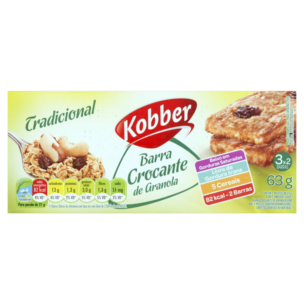 Pack Barra De Cereal Granola Crocante Kobber Caixa 63g 3 Unidades
