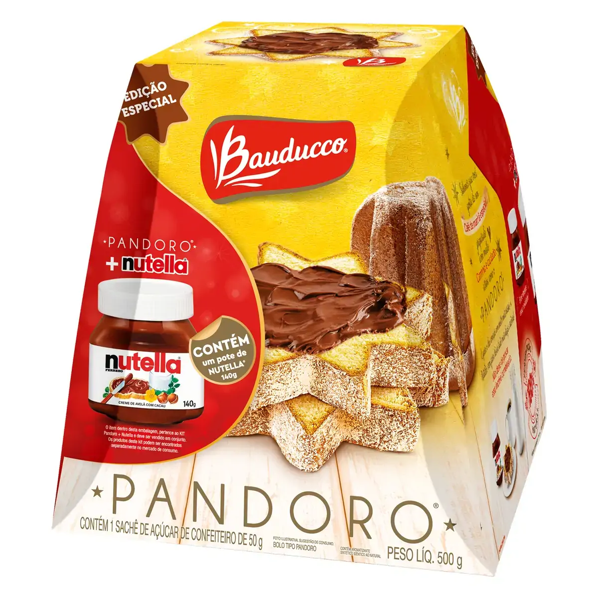 Kit Panettone Pandoro Bauducco 500g Creme De Avelã Com Cacau Nutella 140g