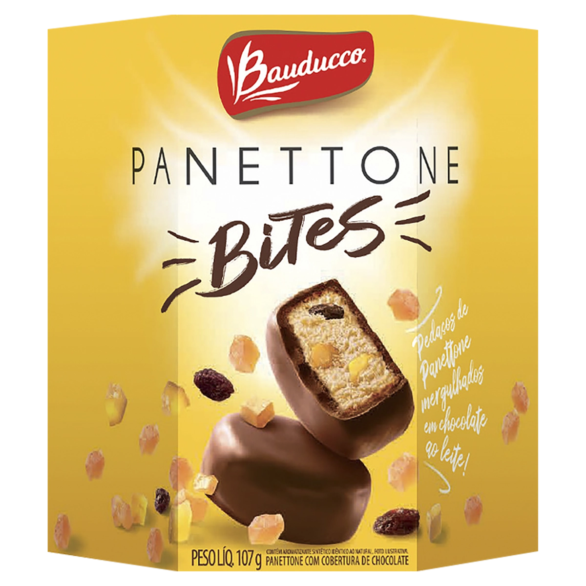 Pedaços De Panettone Cobertura Chocolate Ao Leite Bauducco Bites Caixa 107g