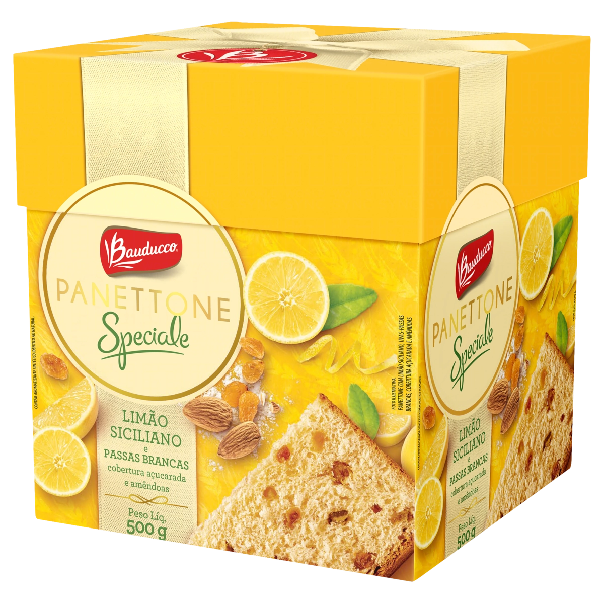 Panettone Com Limão Siciliano E Passas Brancas Cobertura Açucarada E Amêndoas Bauducco Caixa 500g