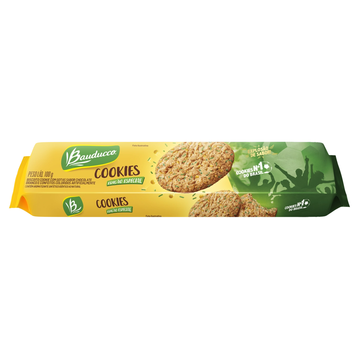 Biscoito Cookie Com Gotas De Chocolate Branco E Confeito Bauducco Pacote 100g Edição Especial Copa D