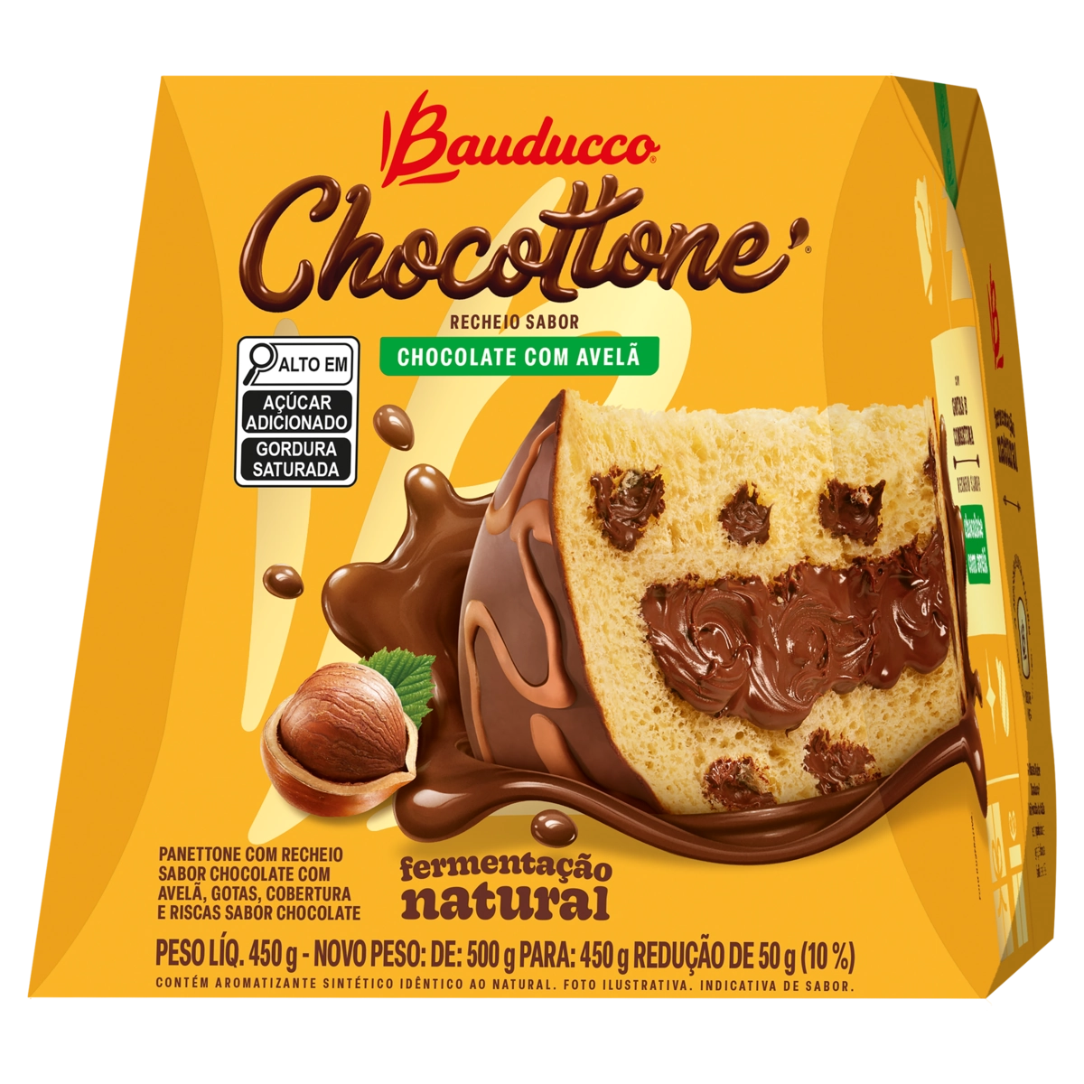 Panettone Recheio Chocolate Com Avelã Cobertura Chocolate Bauducco Chocottone Caixa 450g