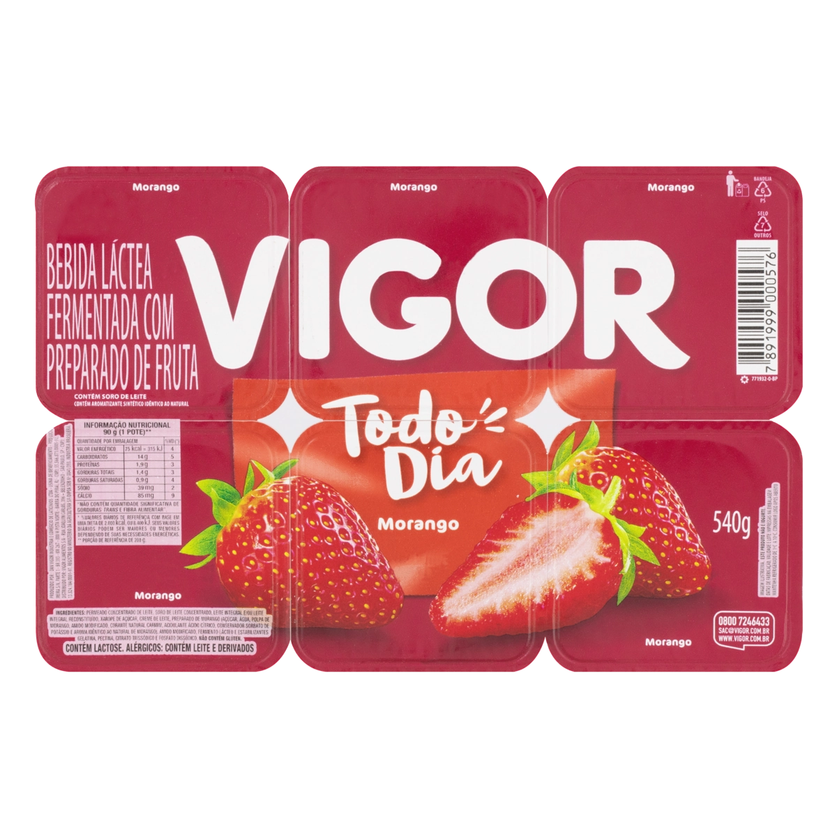 Bebida Láctea Fermentada Morango Vigor Todo Dia Bandeja 540g 6 Unidades