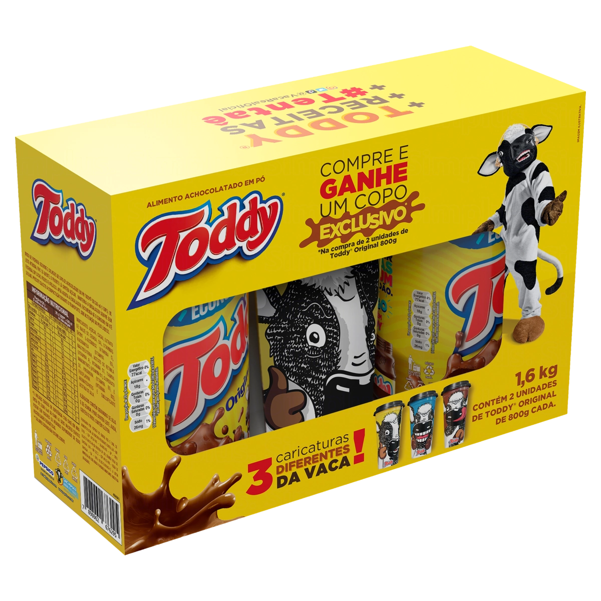 Pack Achocolatado Pó Original Toddy Caixa 1,6kg 2 Unidades Grátis Copo Exclusivo