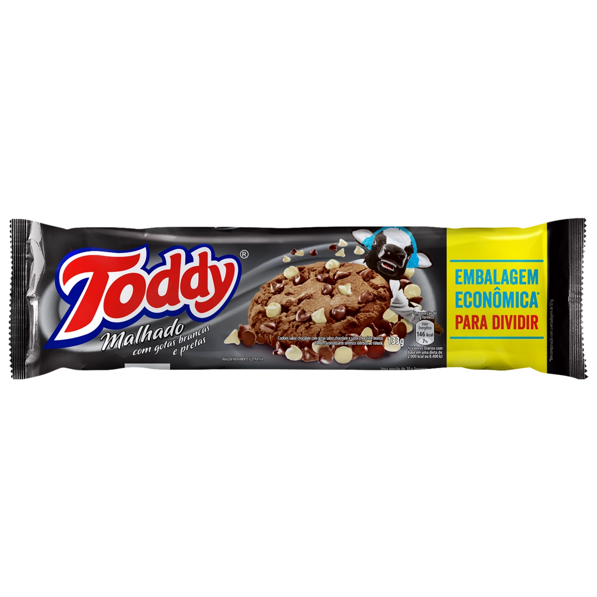 Biscoito Cookie Chocolate Malhado Com Gotas De Chocolate Branco E Preto Toddy Pacote 133g Embalagem