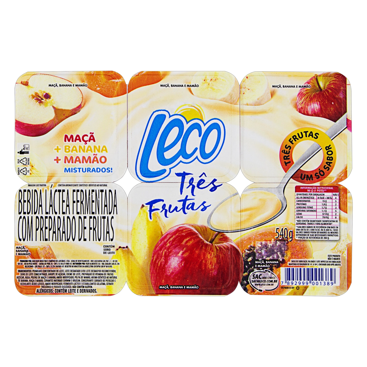 Bebida Láctea Fermentada Maçã, Banana E Mamão Leco Três Frutas Bandeja 540g 6 Unidades