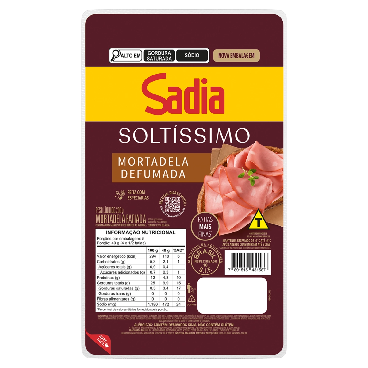 Mortadela Fatiada Defumada Sadia Soltíssimo 200g