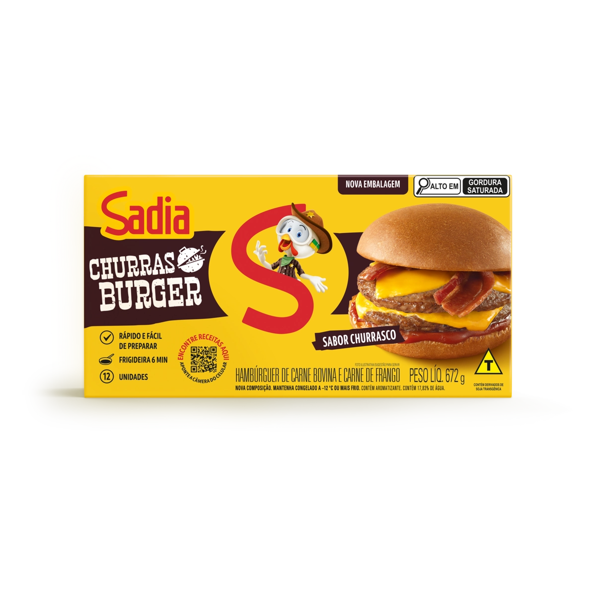 Hambúrguer De Carne De Frango E Bovina Churrasco Sadia Churras Burger Caixa 672g 12 Unidades