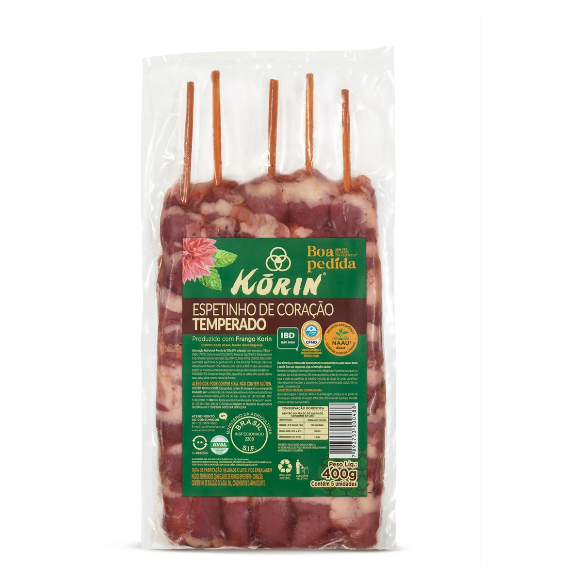 Coração De Frango Em Espeto Congelado Temperado Korin Boa Pedida 400g 5 Unidades
