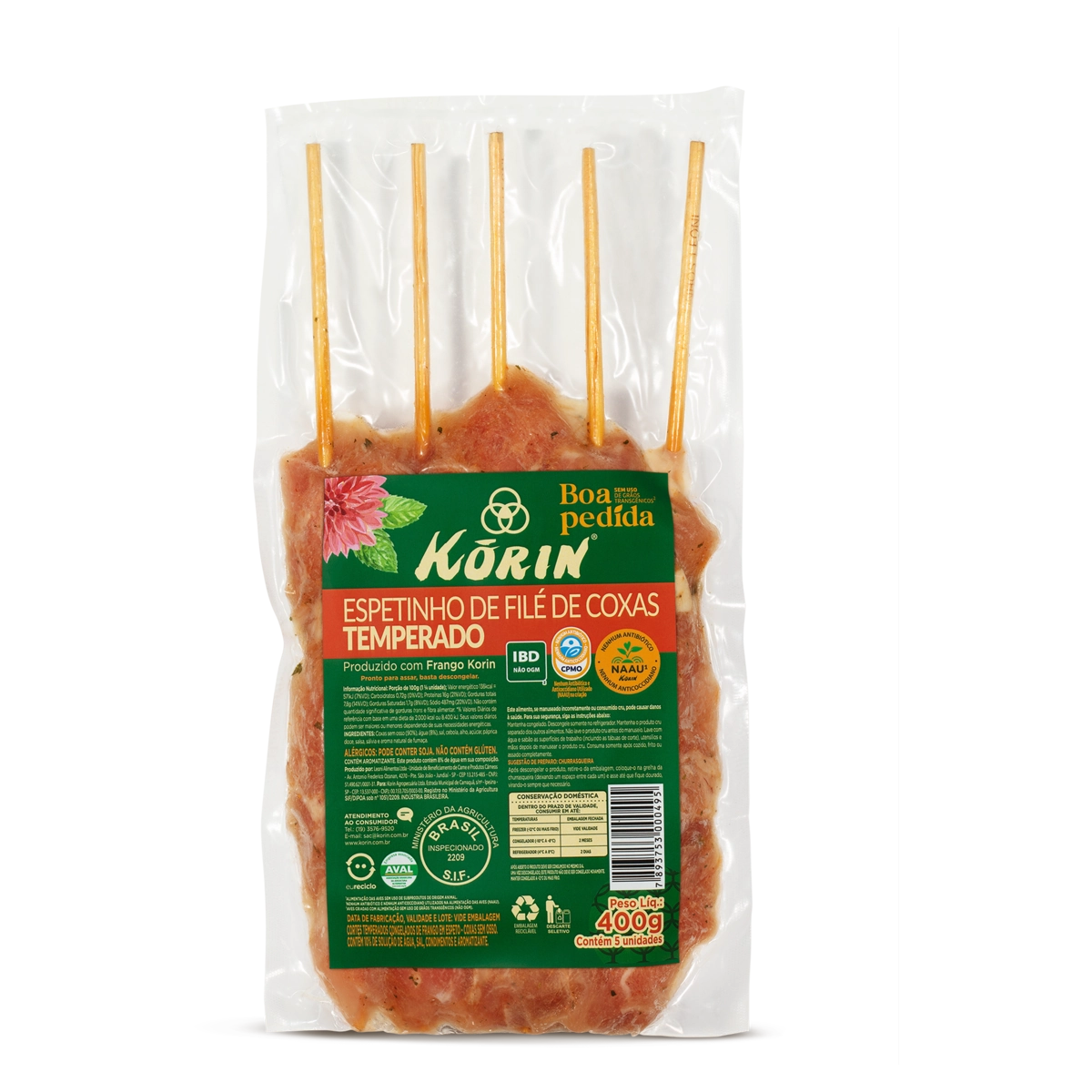 Filé De Coxa De Frango Em Espeto Congelado Temperado Sem Osso Korin Boa Pedida 400g 5 Unidades