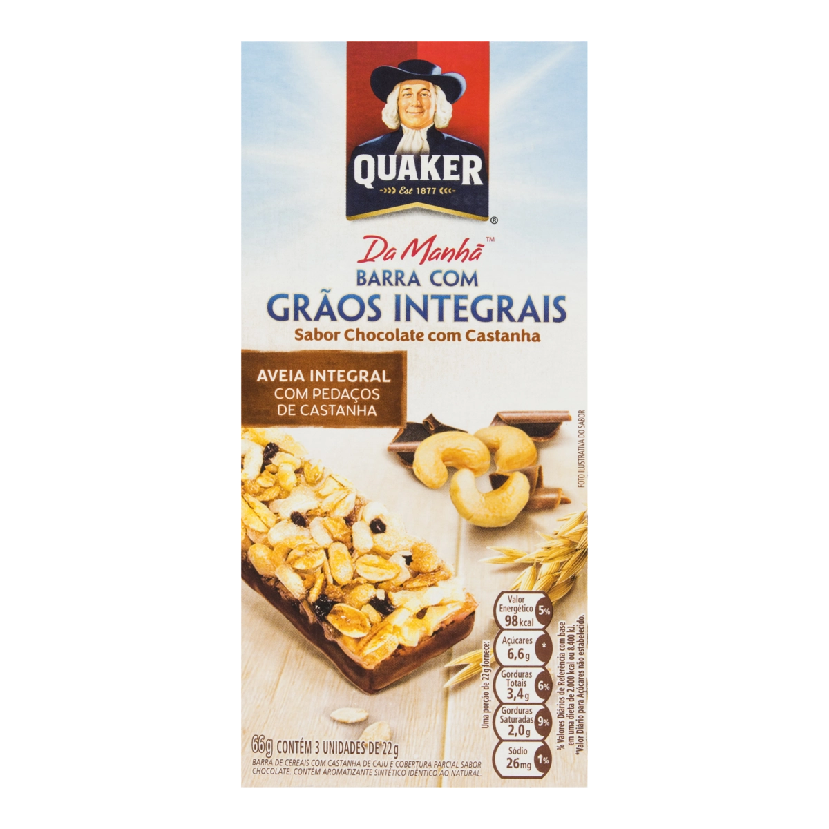 Pack Barra De Cereal Castanha Cobertura Chocolate Quaker Caixa 66g 3 Unidades
