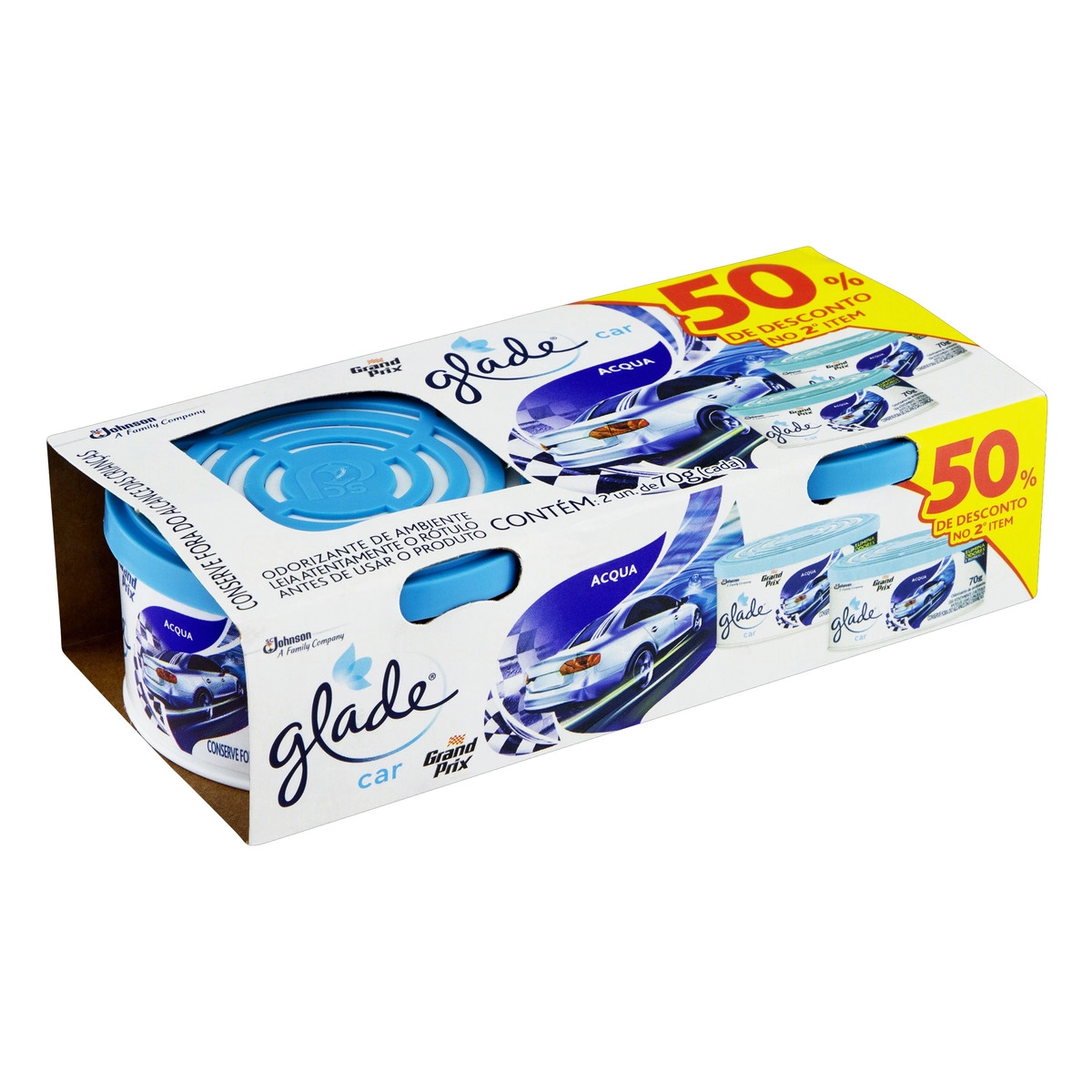 Pack Odorizador Automotivo Acqua Glade Grand Prix Car Caixa 2 Unidades 70g Cada Grátis 50 De Descont