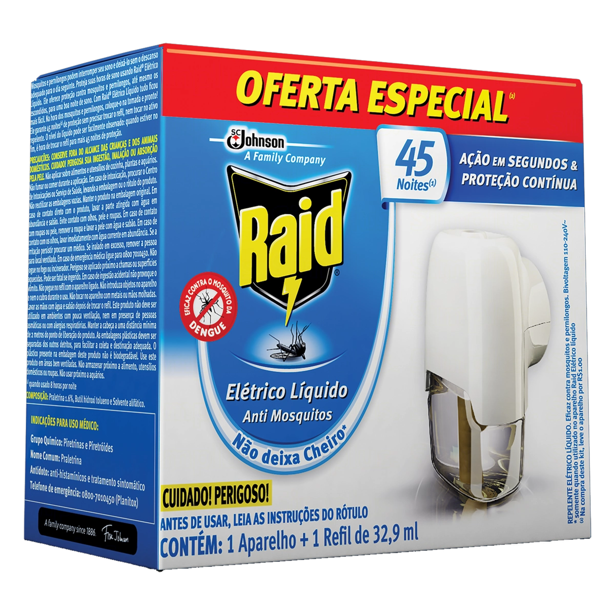 Kit Aparelho Elétrico Refil Repelente Líquido 45 Noites Raid 32,9ml