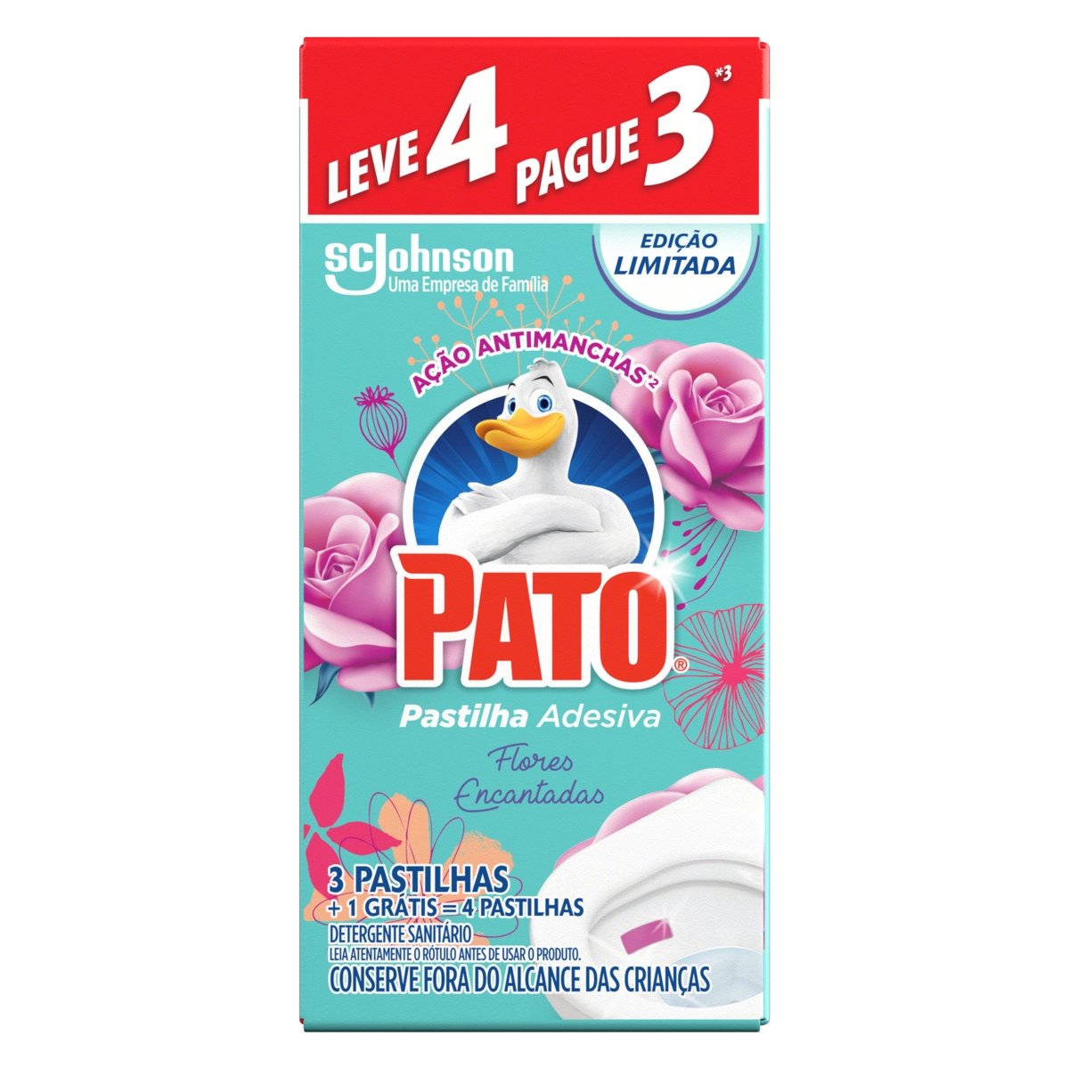 Detergente Sanitário Pastilha Adesiva Flores Encantadas Pato Leve 4 Pague 3 Unidades