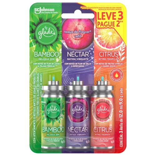 Kit Odorizador De Ambiente Bamboo Néctar Citrus Glade Toque De Frescor 12 Ml Cada Refil Leve 3 Pague