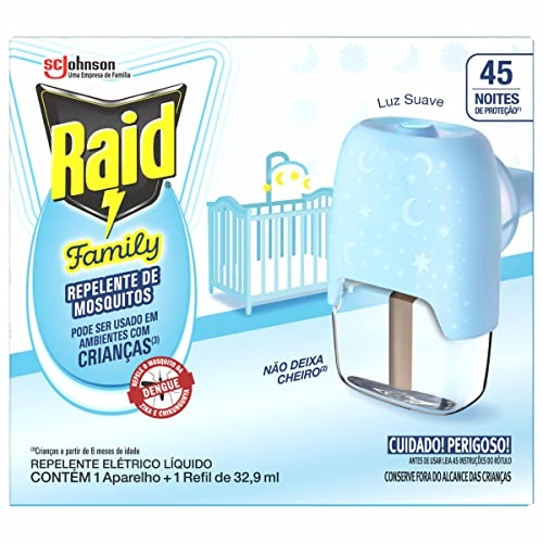Kit Aparelho Elétrico Refil Repelente Líquido 45 Noites Raid Family 32,9ml