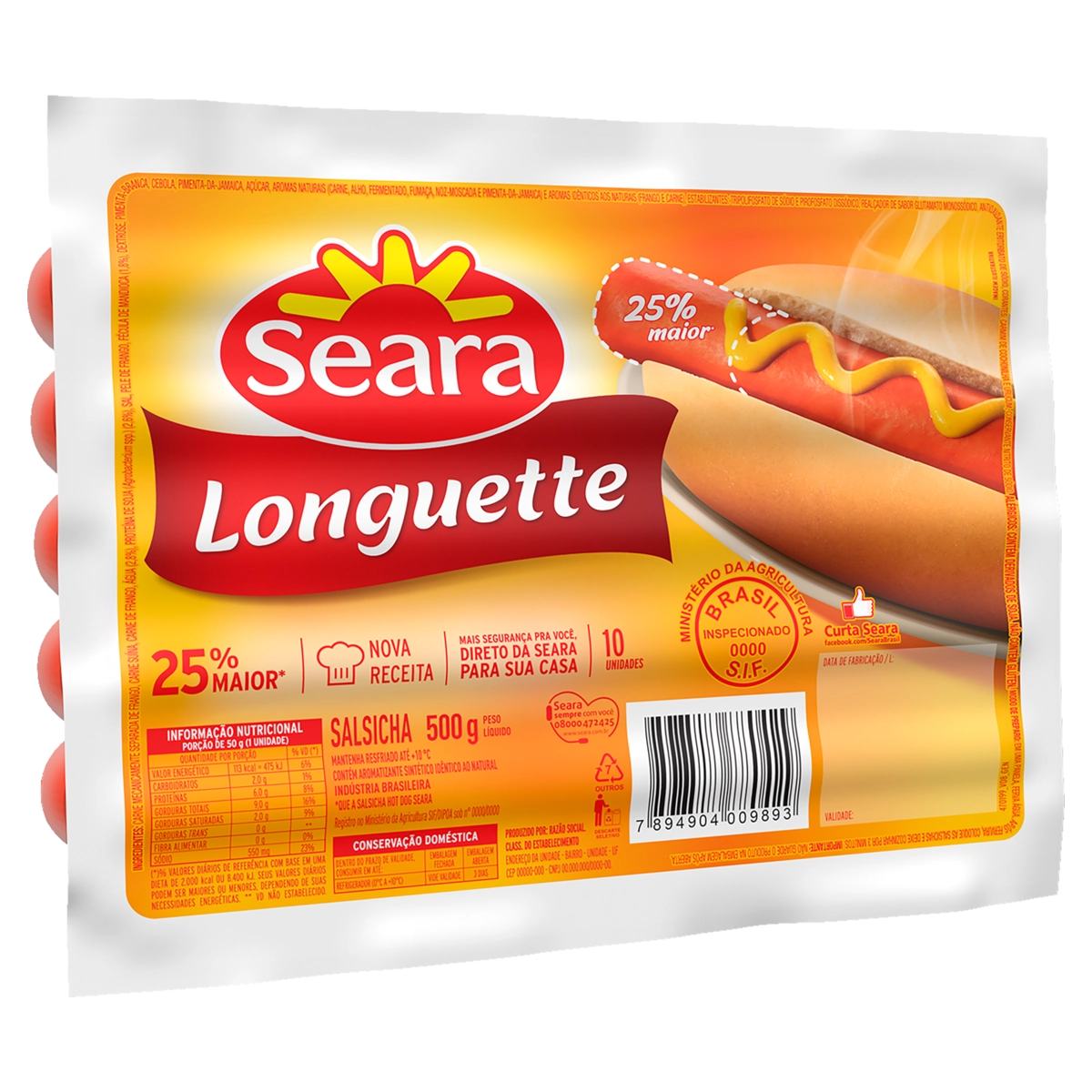 Salsicha Longuette Seara 500g 10 Unidades