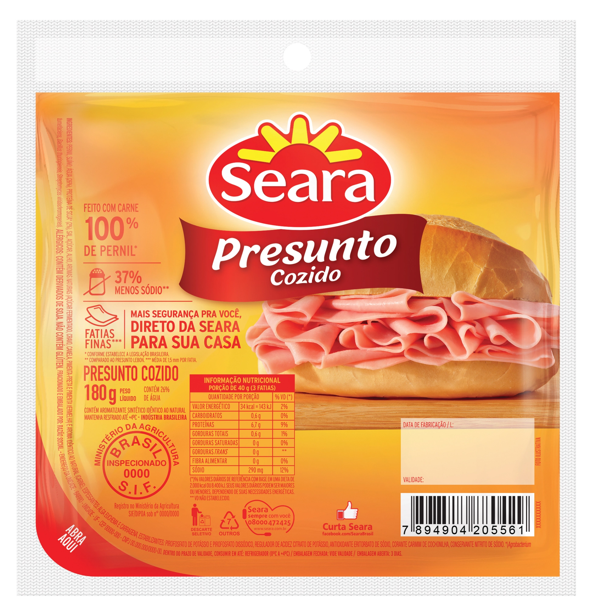 Presunto Cozido Fatiado Seara 180g