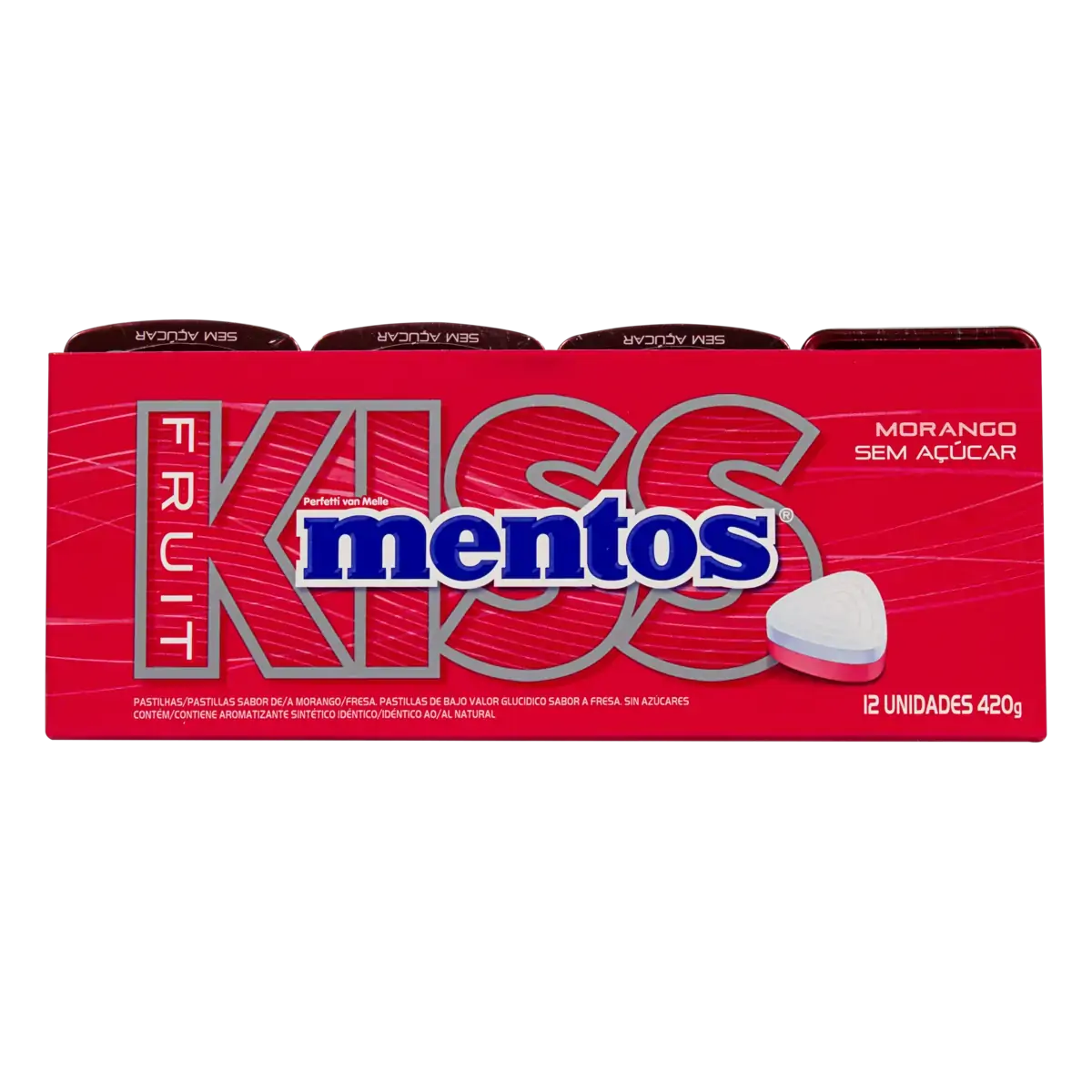 Pastilha Morango Zero Açúcar Mentos Kiss Caixa 420g 12 Unidades