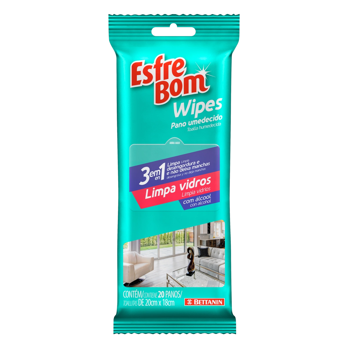 Pano Umedecido Com álcool Limpa Vidros Esfrebom Wipes Pacote 20 Unidades