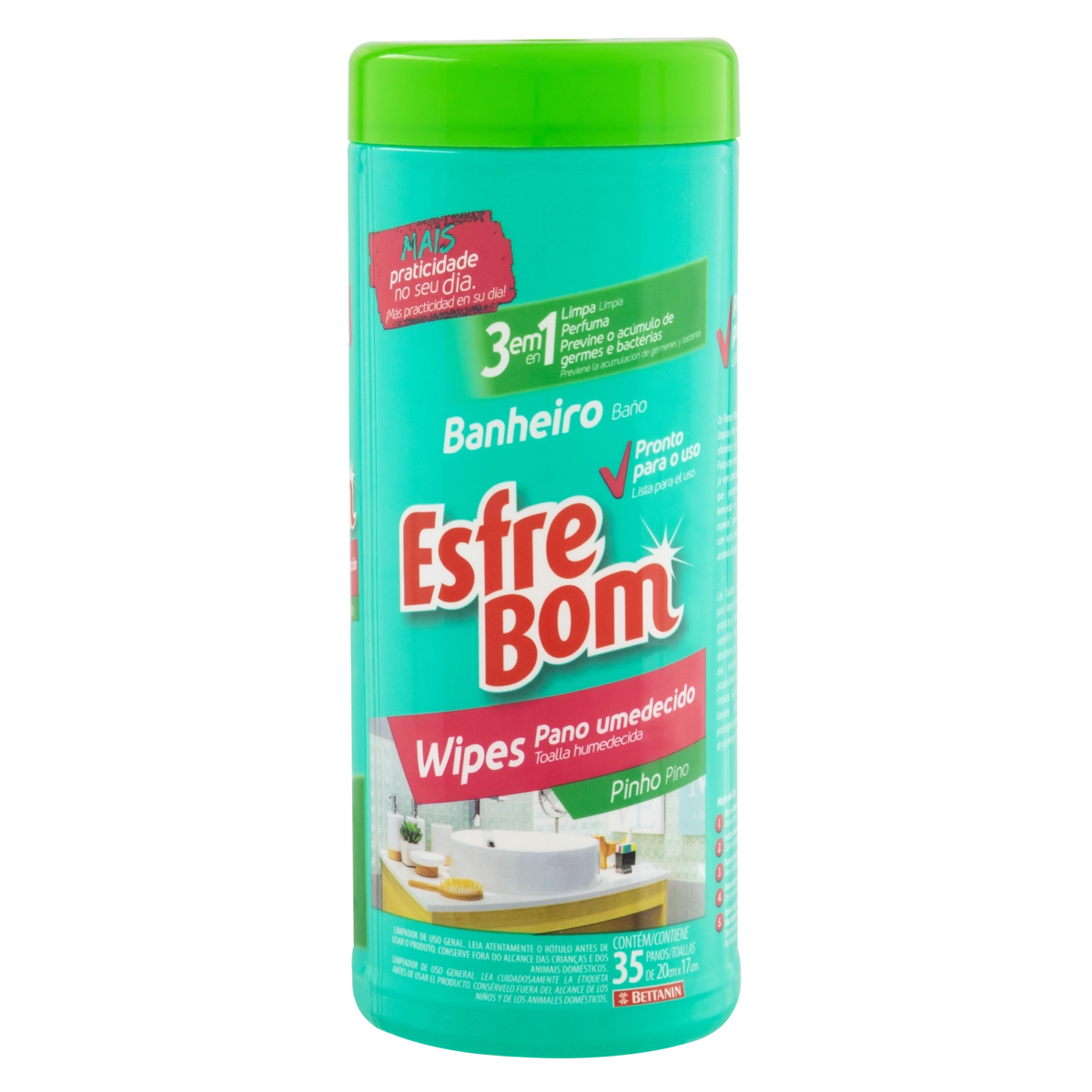 Pano Umedecido Banheiro Pinho Esfrebom Wipes Tubo 35 Unidades