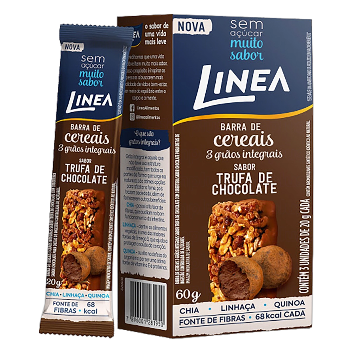 Pack Barra De Cereal 3 Grãos Trufa De Chocolate Cobertura Chocolate Zero Açúcar Linea Caixa 60g 3 Un