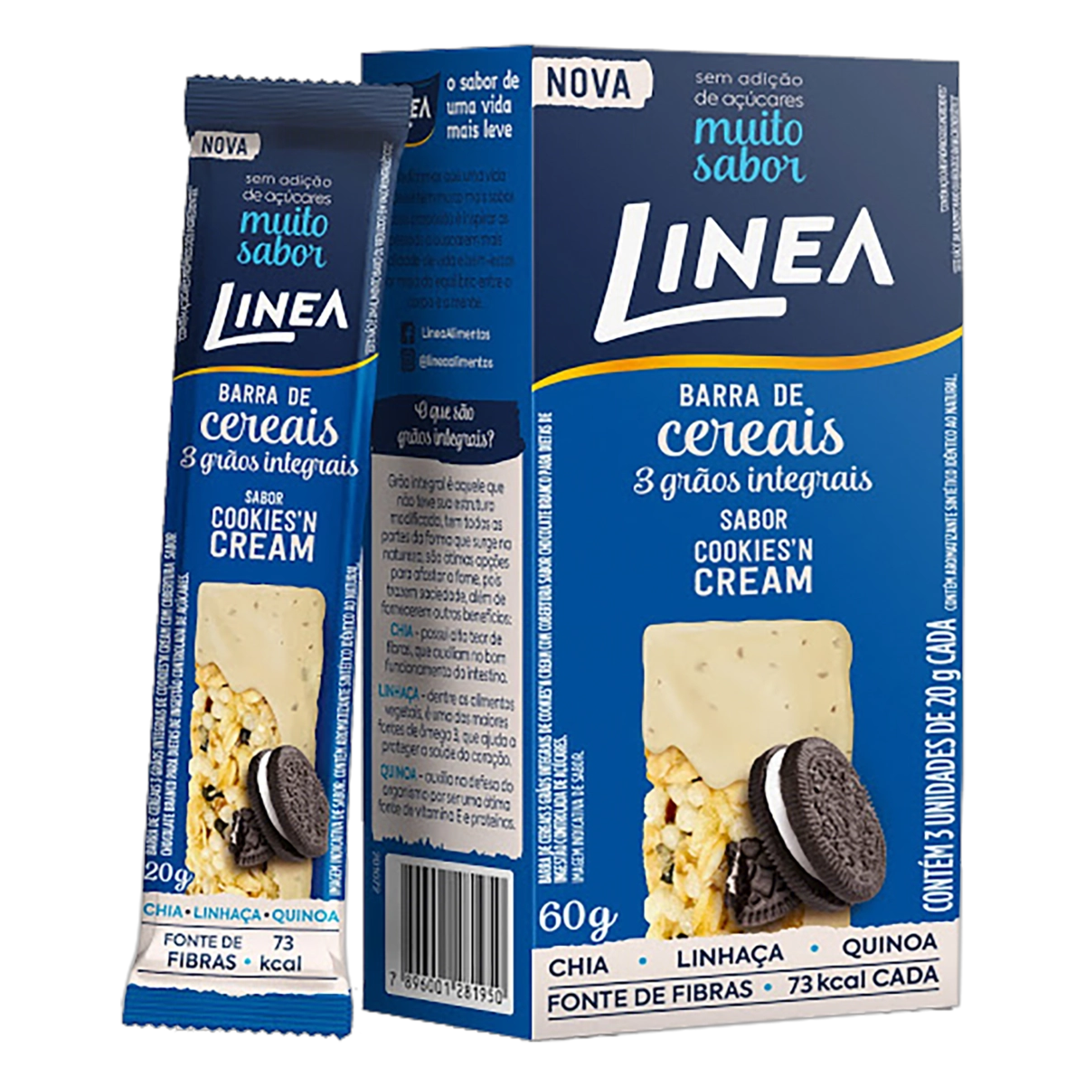 Pack Barra De Cereal 3 Grãos Cookiesn Cream Cobertura Chocolate Branco Linea Caixa 60g 3 Unidades