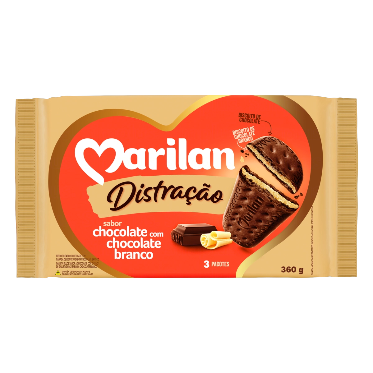 Biscoito Chocolate Recheio Chocolate Branco Marilan Distração Pacote 360g