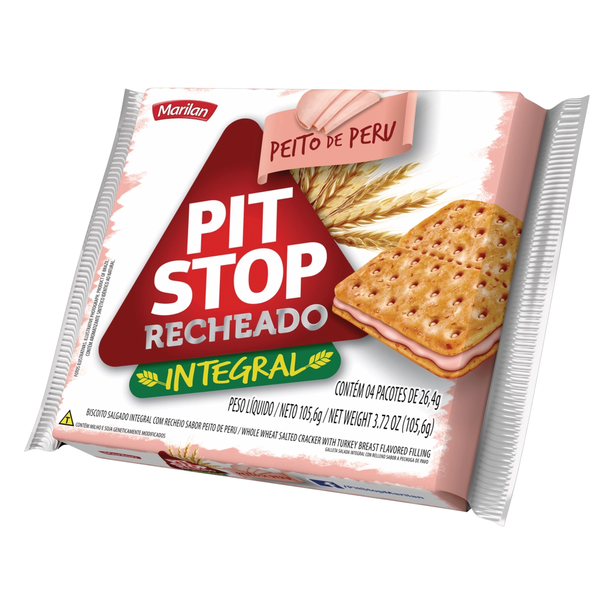 Pack Biscoito Integral Recheio Peito De Peru Marilan Pit Stop Pacote 105,6g 4 Unidades