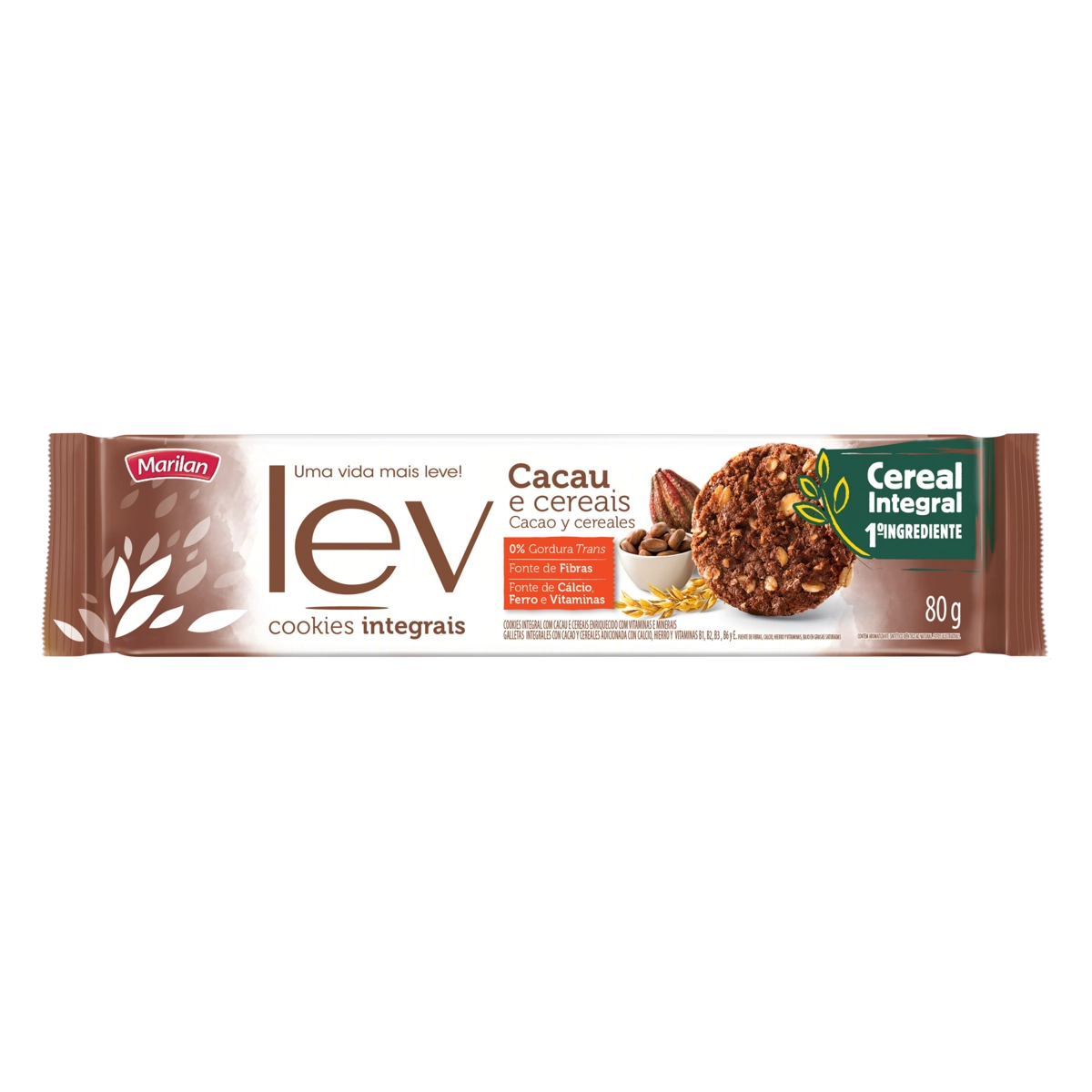 Biscoito Cookie Integral Cacau E Cereais Marilan Lev Pacote 80g