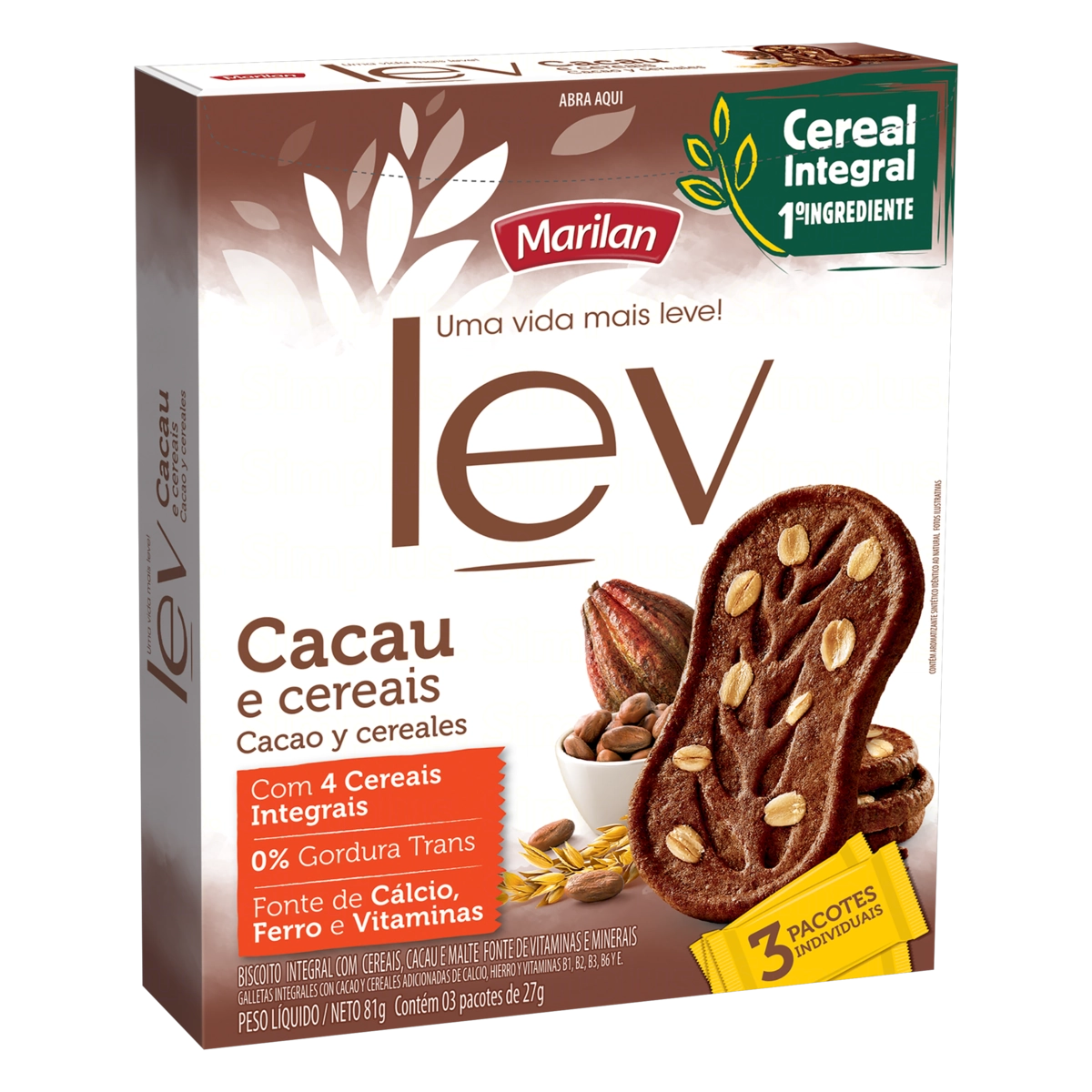 Biscoito Integral Cacau E Cereais Marilan Lev Caixa 81g 3 Unidades
