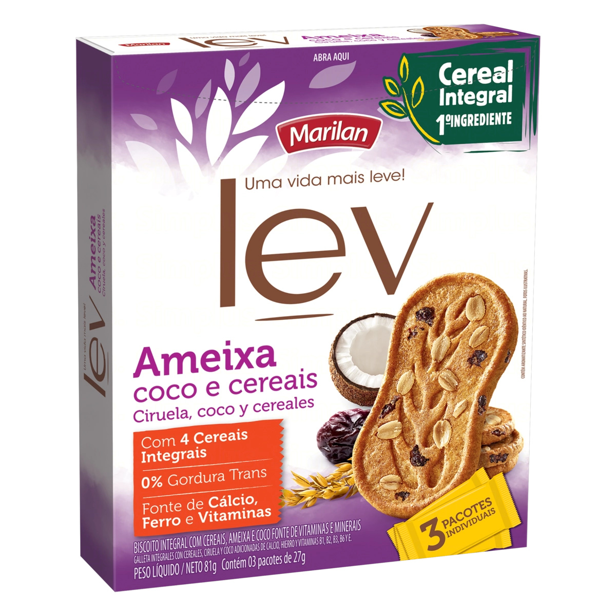 Biscoito Integral Ameixa, Coco E Cereais Marilan Lev Caixa 81g 3 Unidades