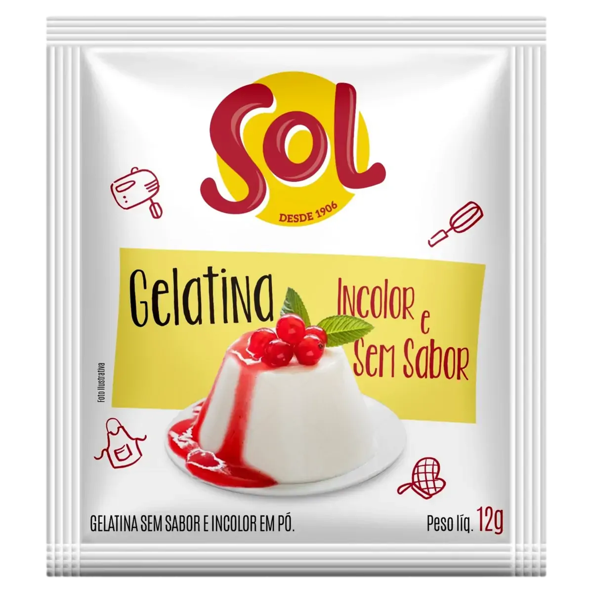 Gelatina Pó Incolor Sem Sabor Sol Pacote 12g