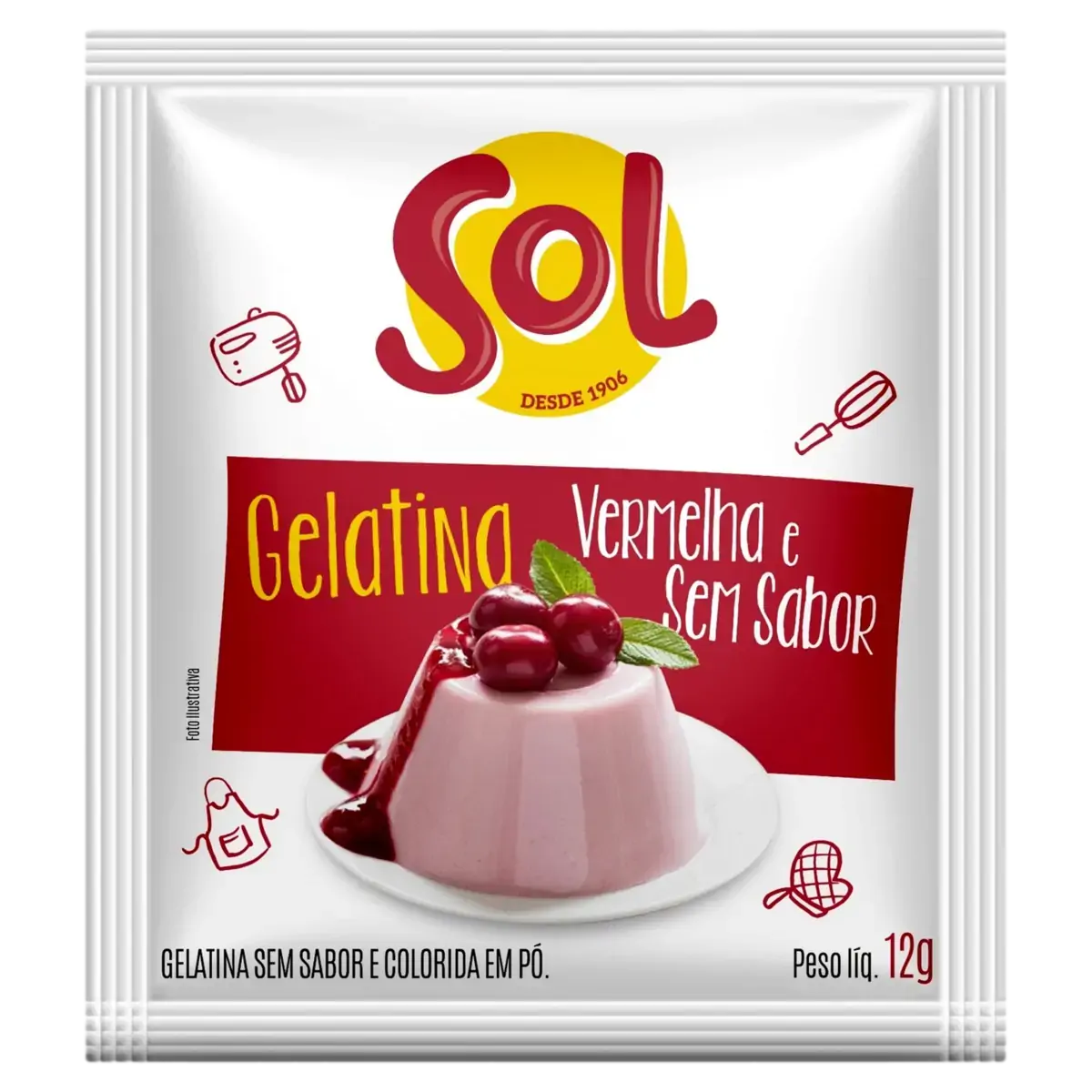 Gelatina Pó Vermelha Sem Sabor Sol Pacote 12g
