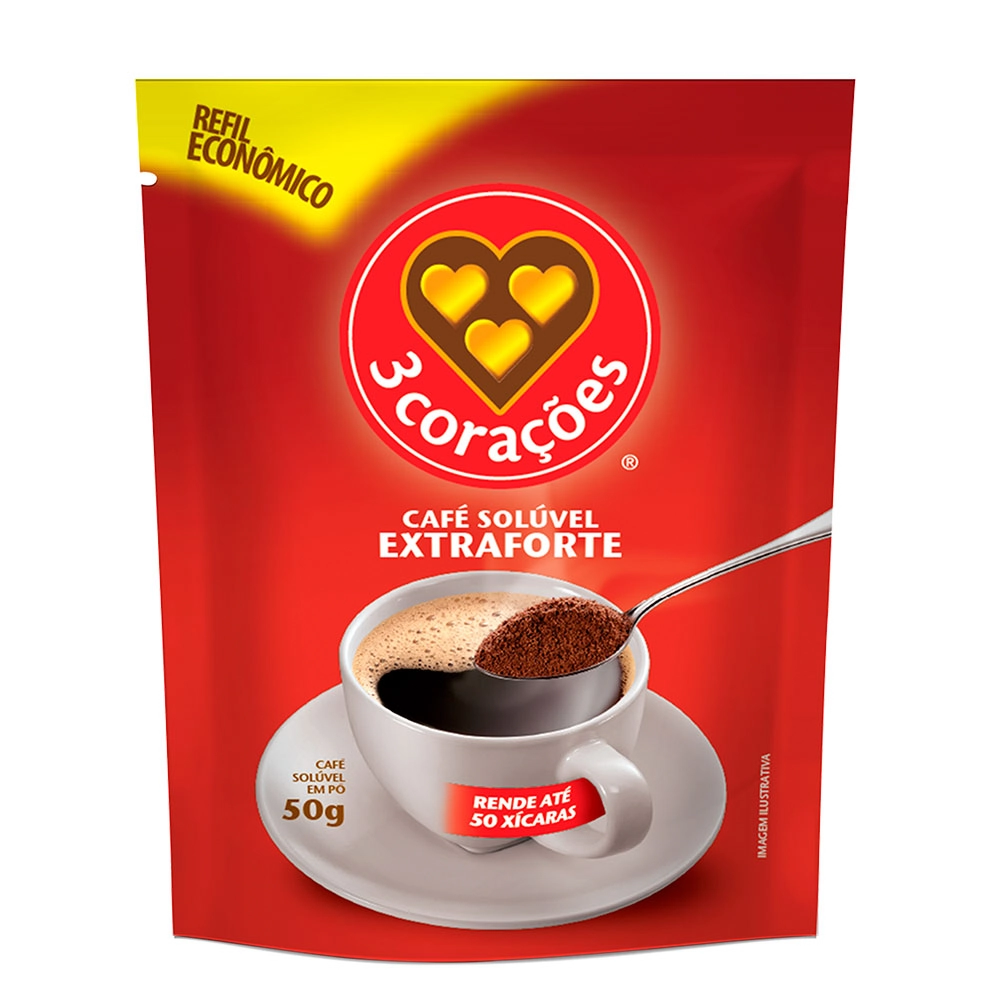 Café Solúvel Em Pó Extraforte 3 Corações Sachê 50g Refil Econômico