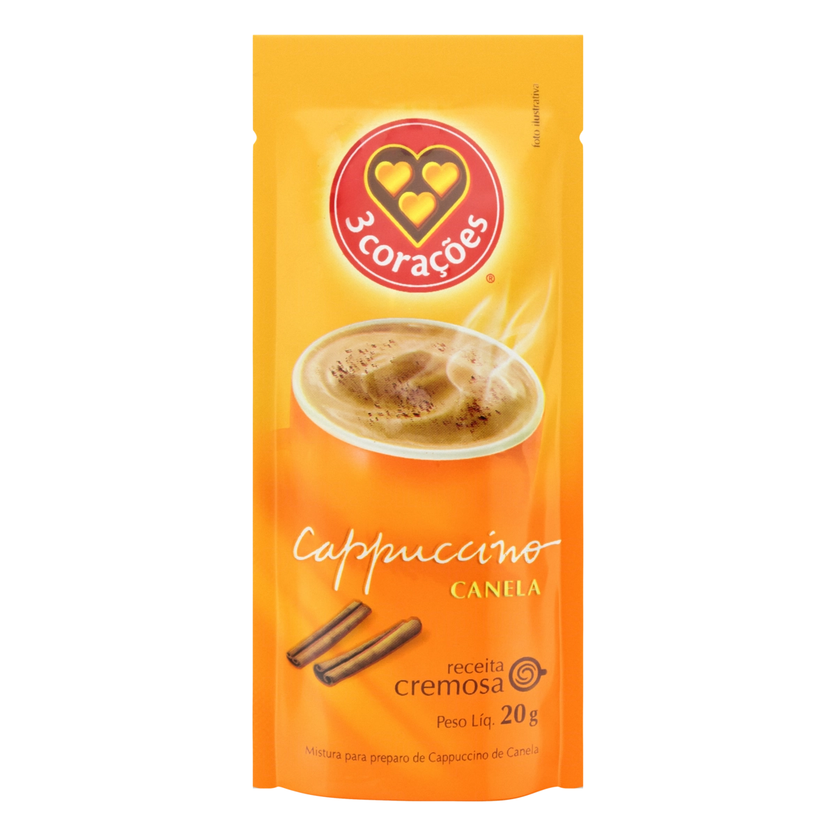 Cappuccino Solúvel Canela 3 Corações Sachê 20g